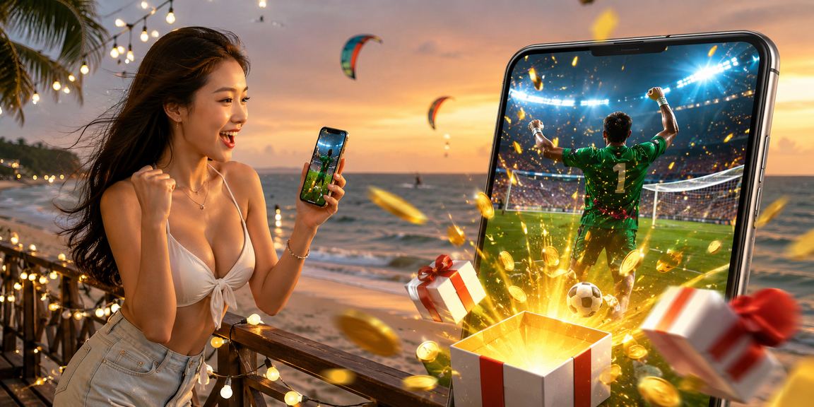 Người dùng thư giãn tại bãi biển Mũi Né với thiết bị di động và trải nghiệm casino lành mạnh